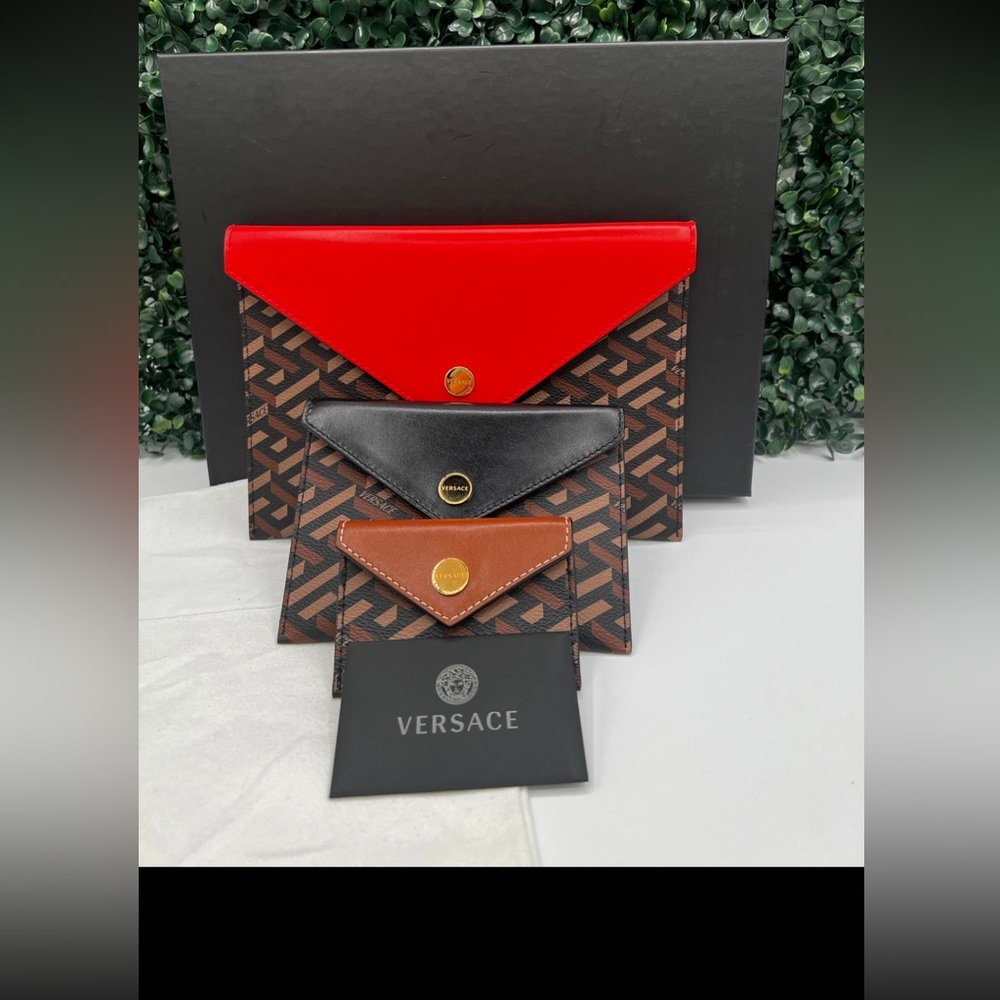 VERSACE BROWN Set of 3 La Greco Coated Canvas Envelope Pouch